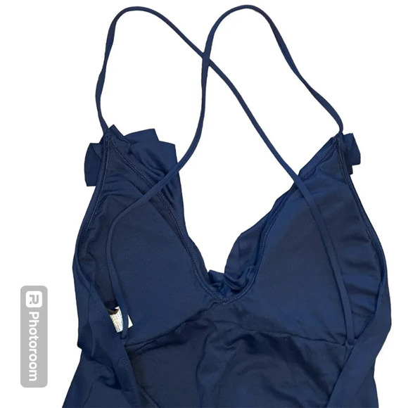 Polo Ralph Lauren Swimsuit Size Large Navy Blue One Piece Scoop Back Ruffle Pony - Picture 7 of 16